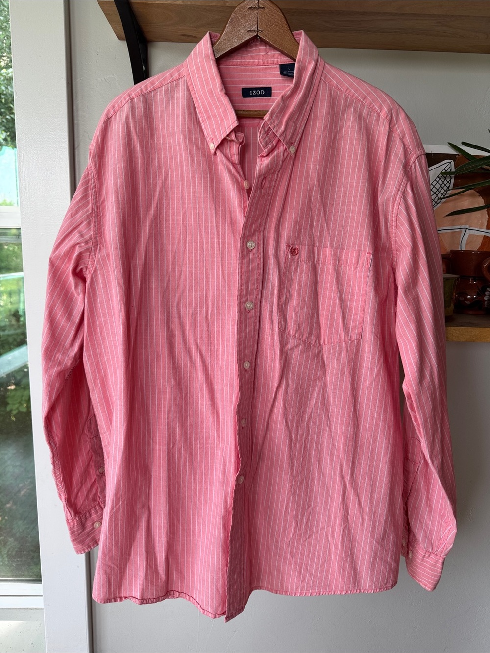 IZOD Pink White Striped Cotton Button-Down Shirt Sz Large